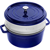 STAUB Cacerola-Cocotte con Vaporera de Hierro Fundido- Diámetro de 26 cm- 5-2 L- Esmaltado Interior Negro- Azul Oscuro